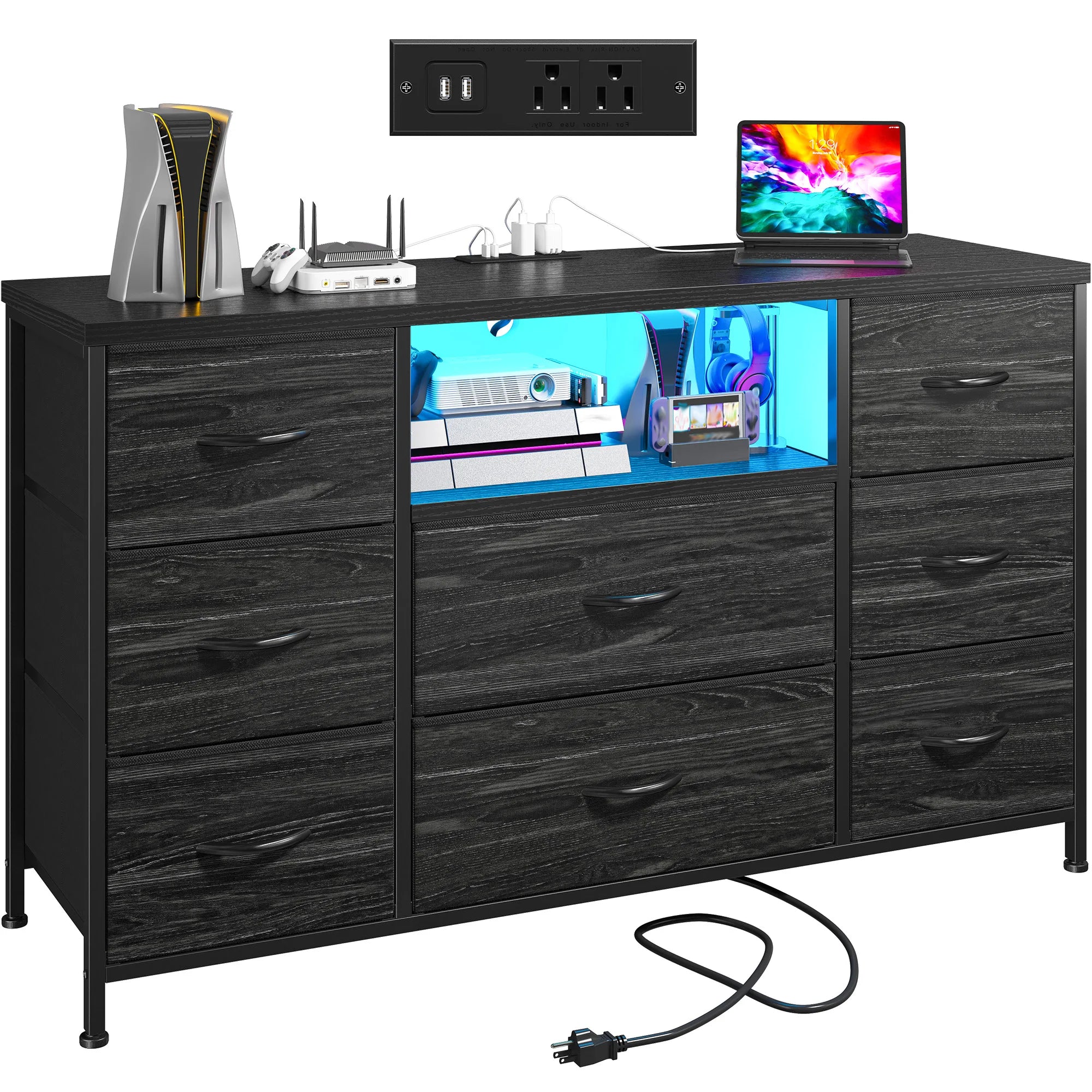 8-Drawer Media Dresser with Charging Station