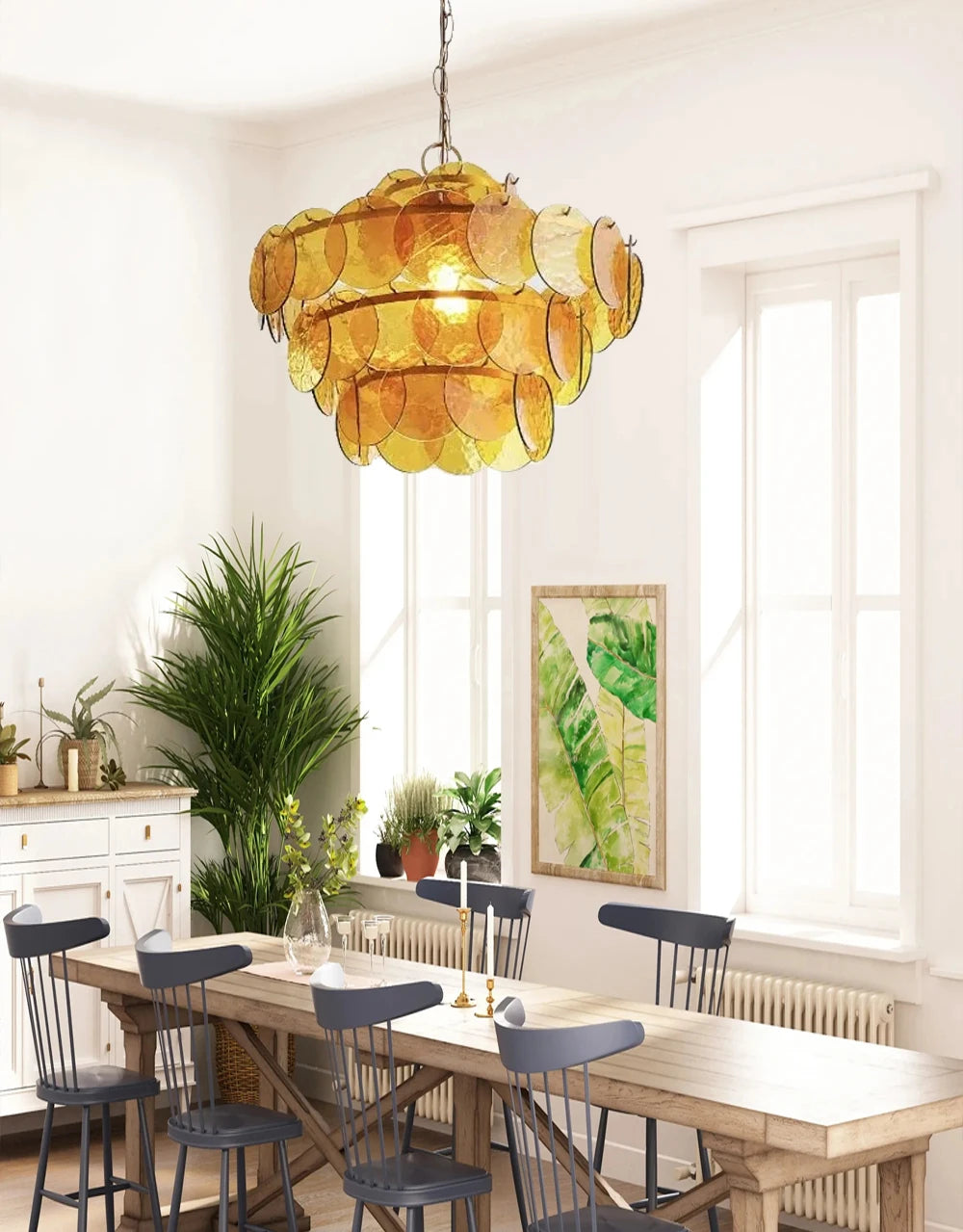 Murano-Style Green & Amber Cut-Glass Disc Chandelier