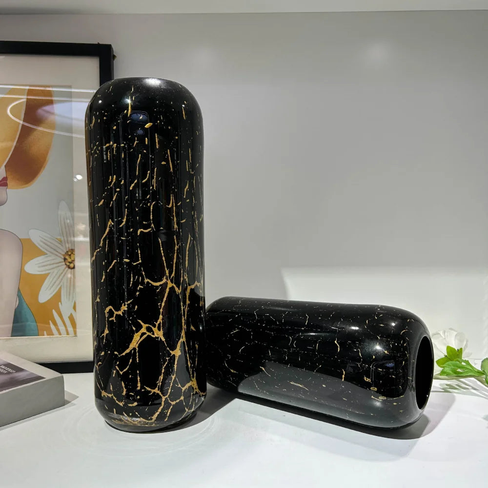 Split-Neck Black & Gold Hand-Blown Glass Vase