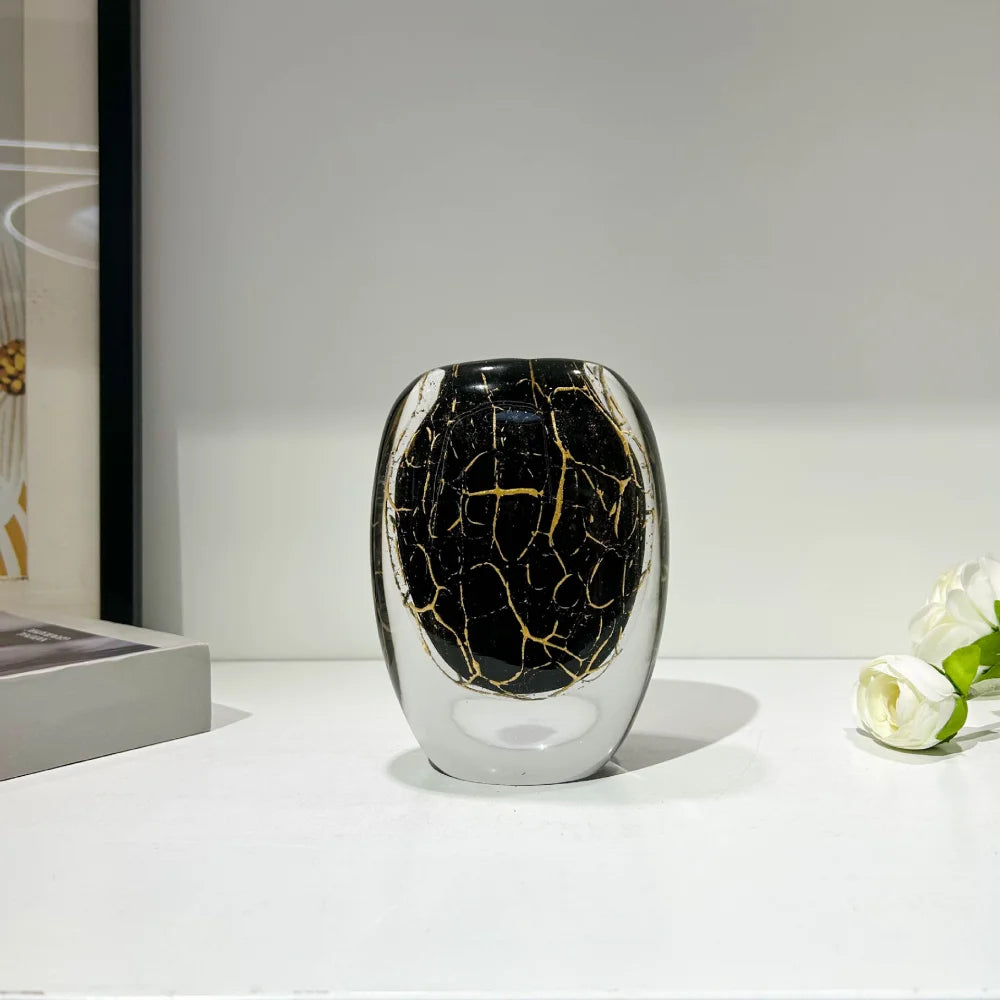 Tall Black & Gold Hand-Blown Glass Vase