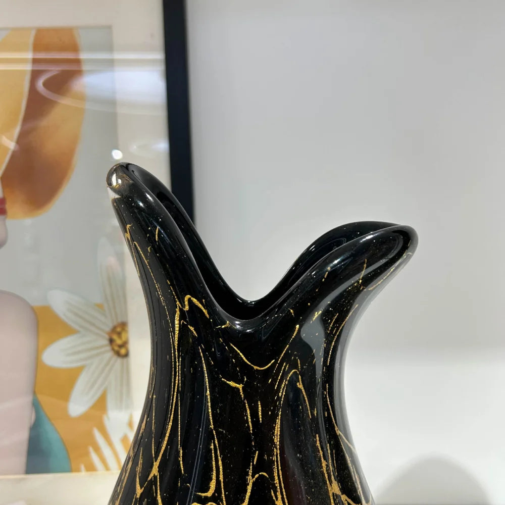 Split-Neck Black & Gold Hand-Blown Glass Vase