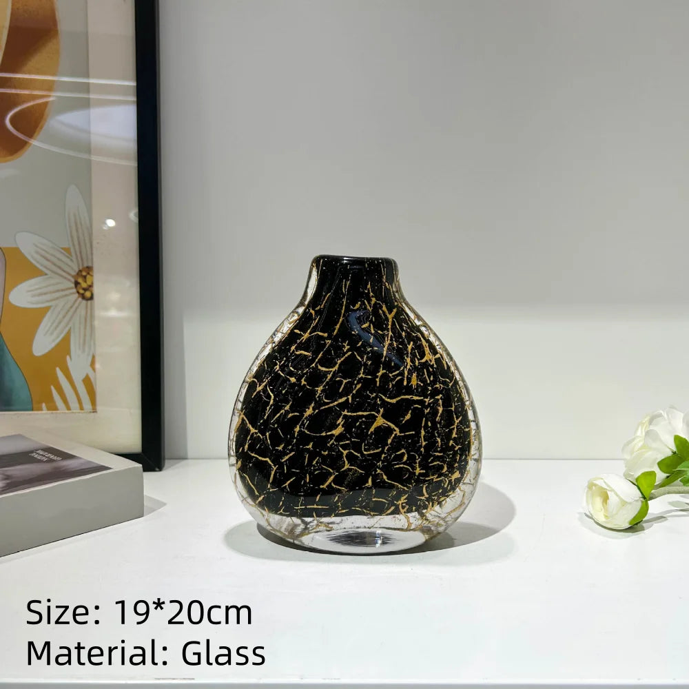 Split-Neck Black & Gold Hand-Blown Glass Vase