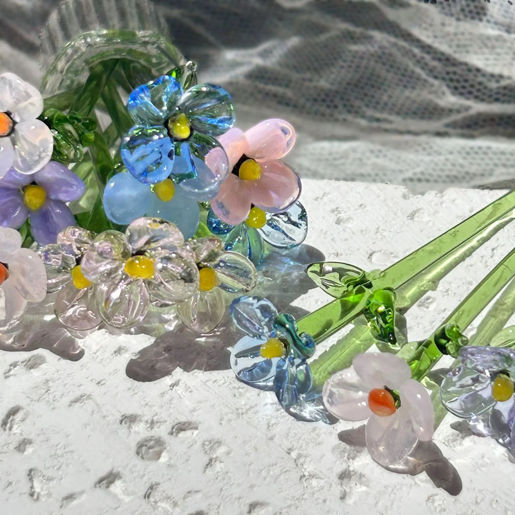 Hand-Blown Glass Flower Sculpture with Vase