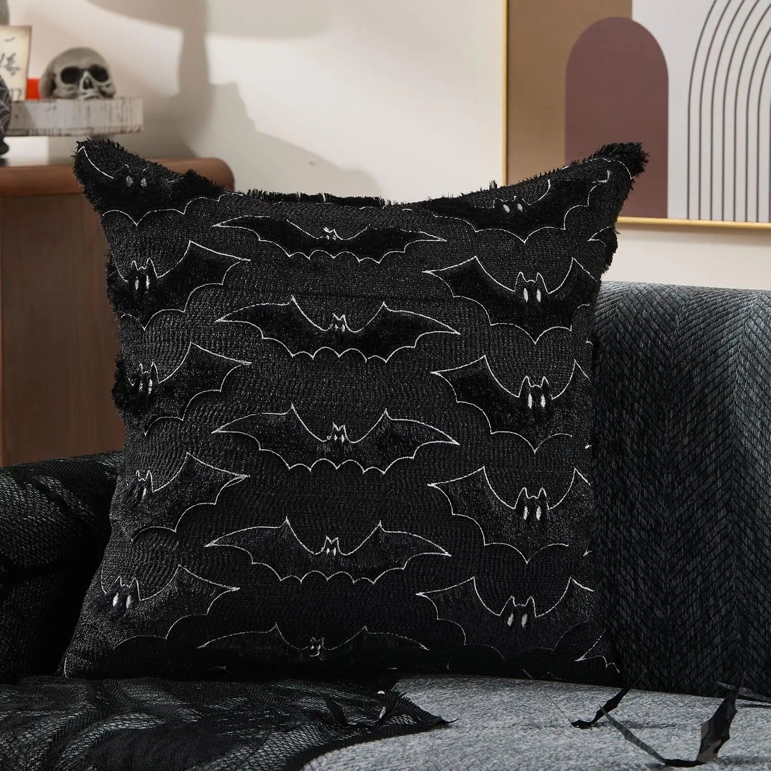 Black Halloween Plush Pillow Cover