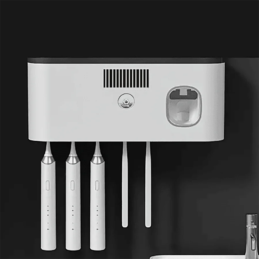 Wall-mounted Smart Toothbrush Sterilizer with 5 Slots, Integrated Toothpaste Dispenser, Bathroom Storage Rack and Organizer, Hom