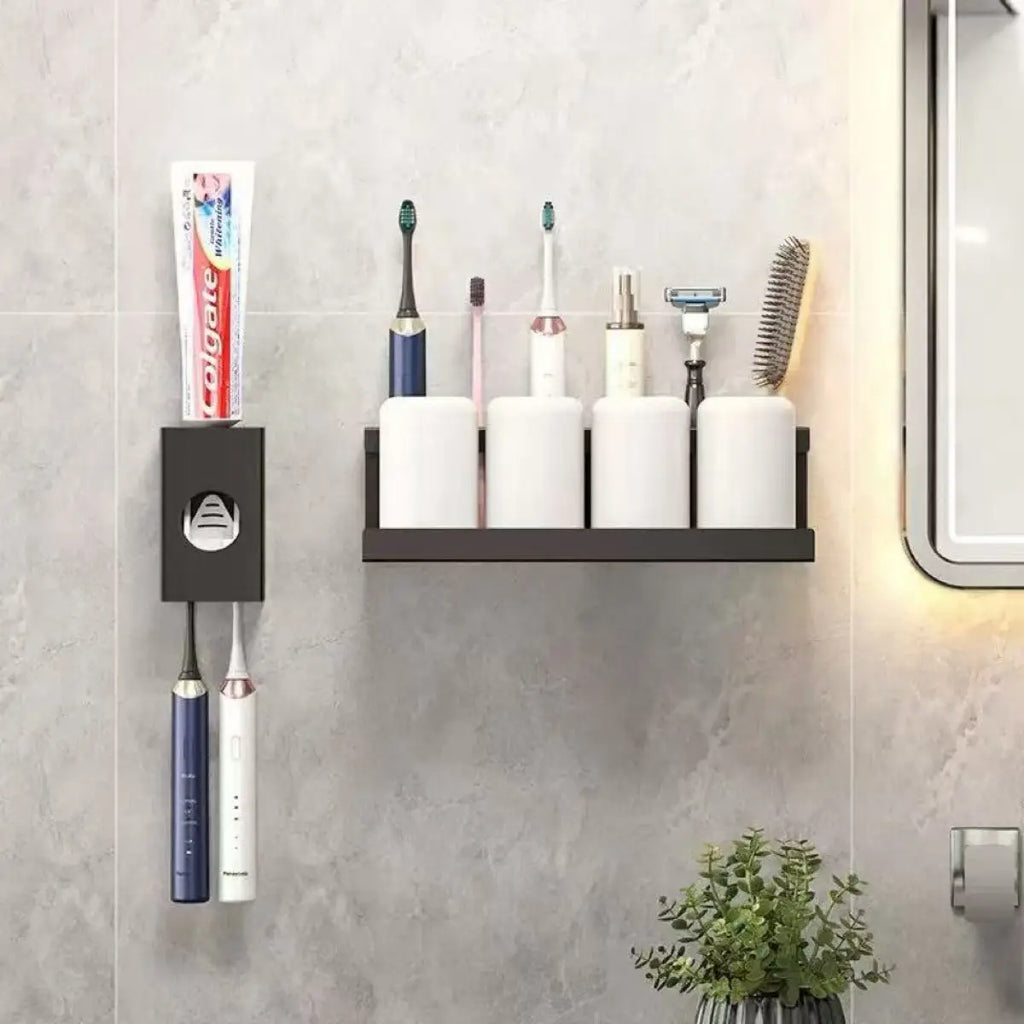 Toothbrush Holder Wall Mounted No Drill Bathroom Storage Rack with Mouthwash Cup Organizer for Electric Toothbru