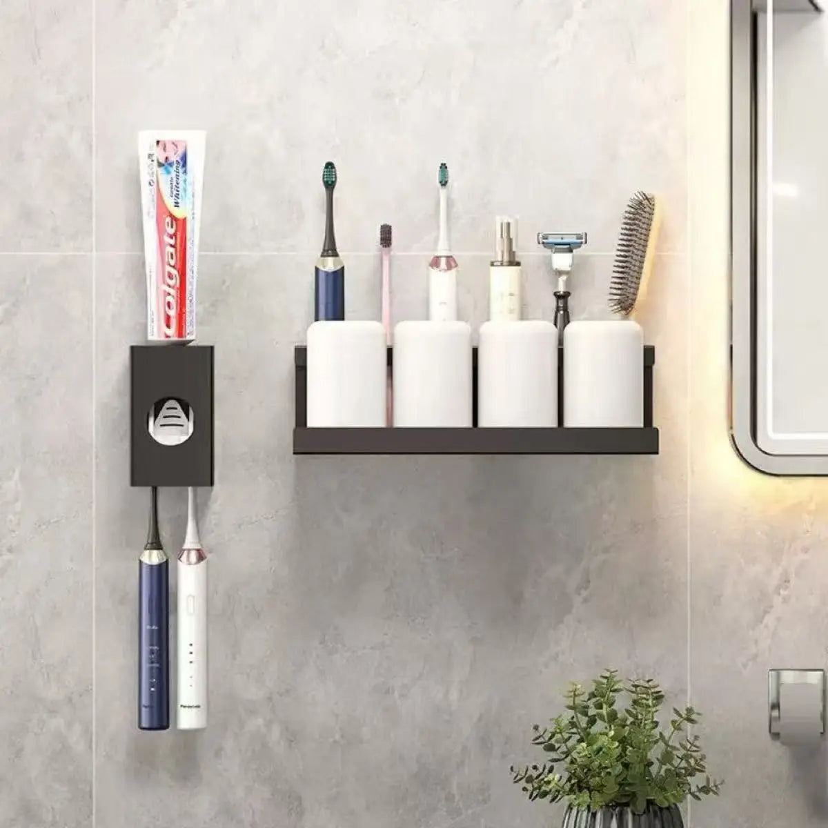 Toothbrush Holder Wall Mounted No Drill Bathroom Storage Rack with Mouthwash Cup Organizer for Electric Toothbru