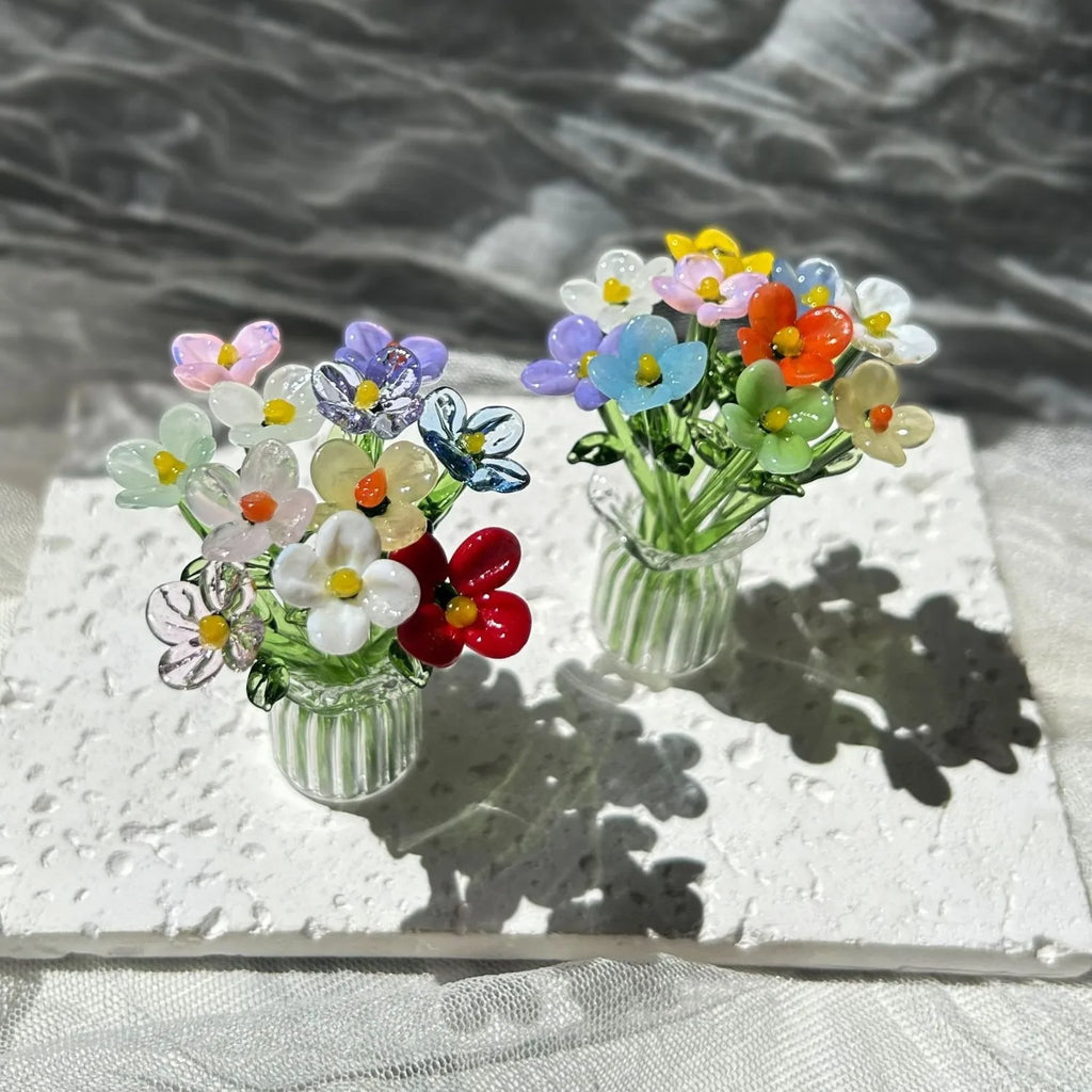 Hand-Blown Glass Flower Sculpture with Vase