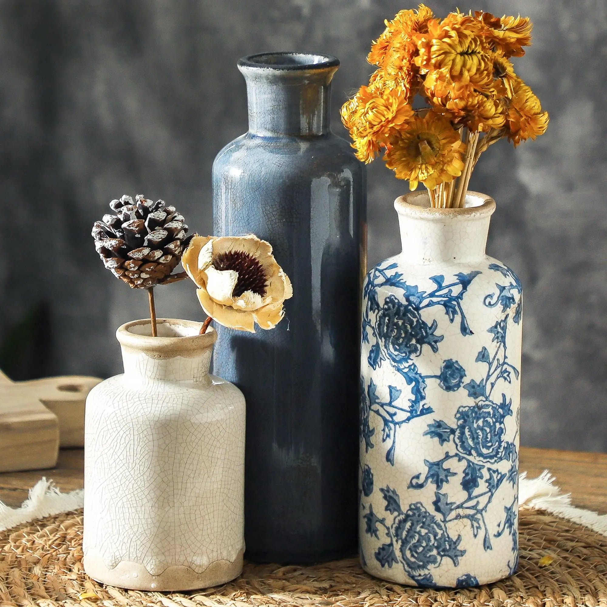 Set of 3 Vintage Chinoiserie Ceramic Vases