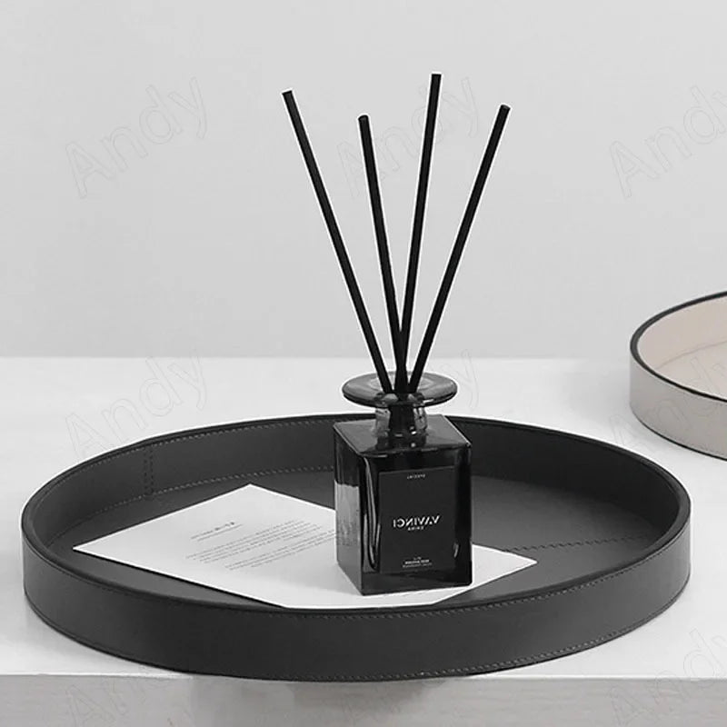 Round Black Leather Valet Tray