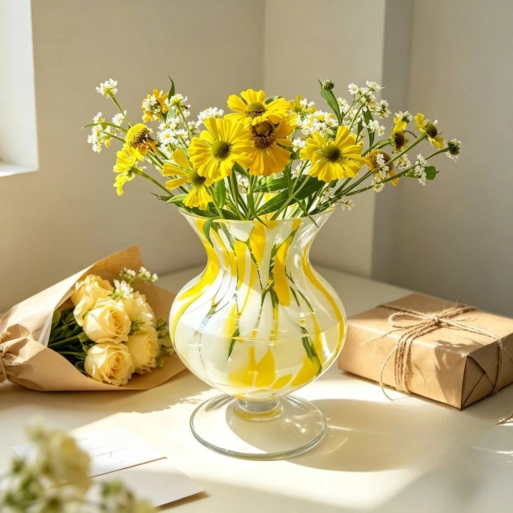 Yellow & White Hand-Blown Glass Vase