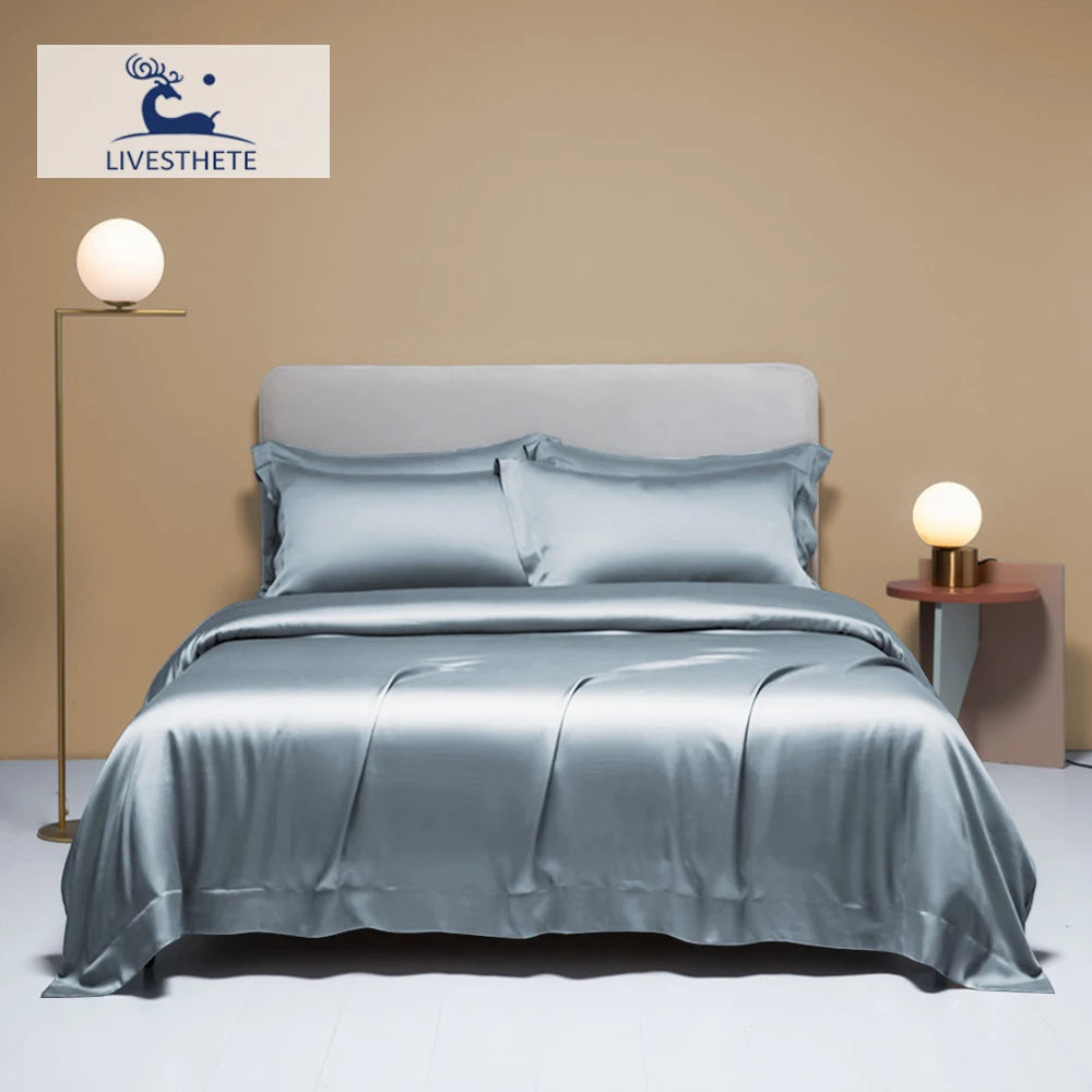 Liv-Esthete Noble 100% Silk Bedding Set Blue Gray Summer Duvet Cover Pillow Case Bed Sheet Quilt Cover Double King Queen Sets