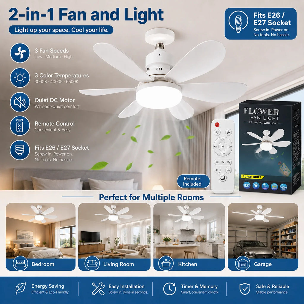E27 Dimmable Remote-Control LED Ceiling Fan with Light