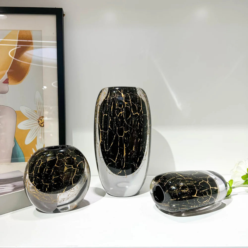 Split-Neck Black & Gold Hand-Blown Glass Vase