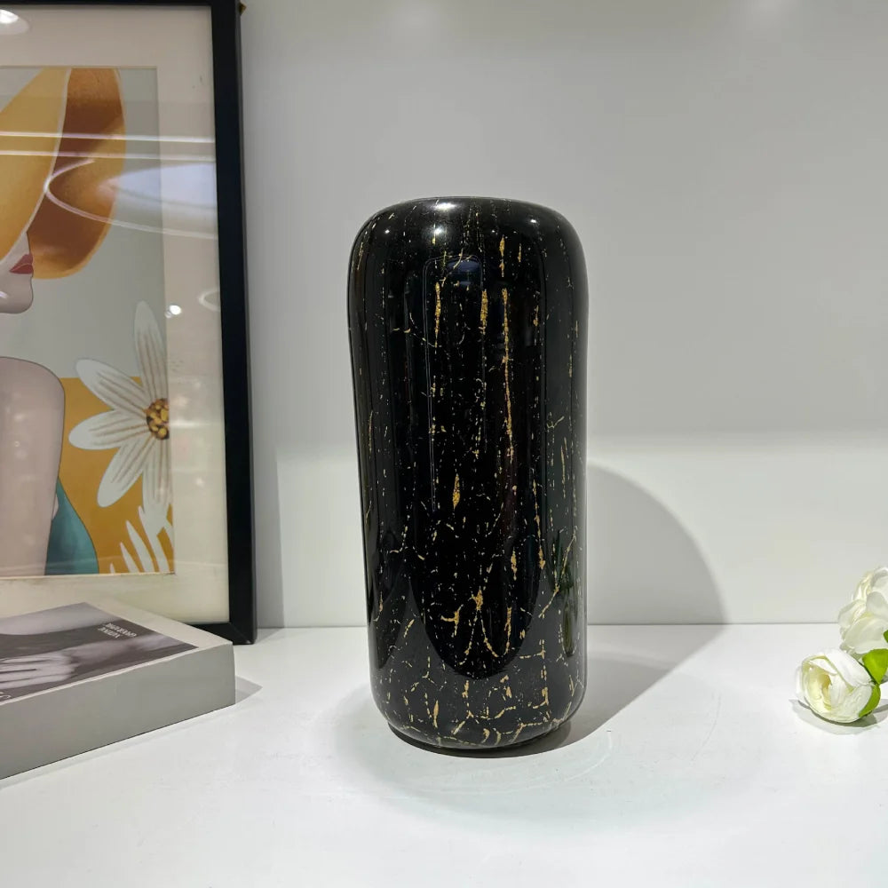 Split-Neck Black & Gold Hand-Blown Glass Vase