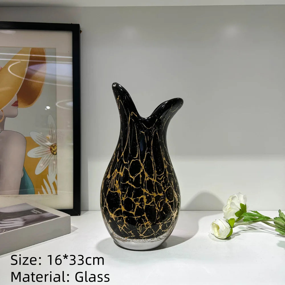 Split-Neck Black & Gold Hand-Blown Glass Vase