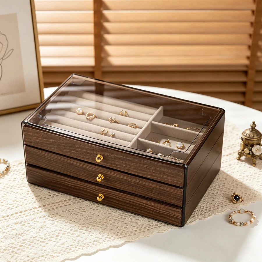 Walnut Wood Pattern Three-Drawer Jewelry Box, Bracelet, Necklace, Earring, Necklace Box, Jewelry Storage Box, OrnamentsAntioxida