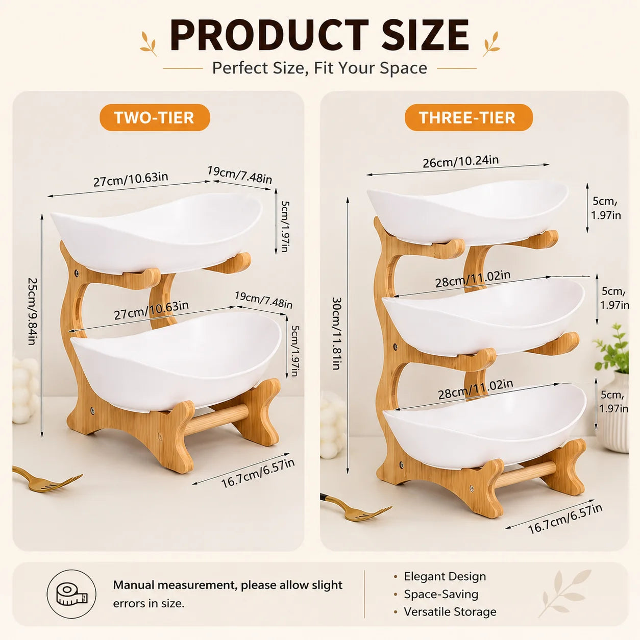 2/3-Tier Fruit Basket with Bamboo Stand