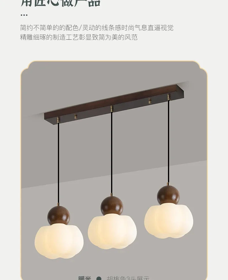 Walnut & Opal Glass Triple Pendant Light