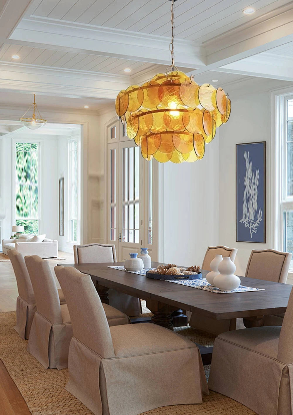 Murano-Style Green & Amber Cut-Glass Disc Chandelier