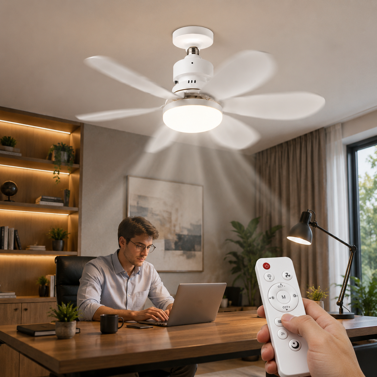E27 Dimmable Remote-Control LED Ceiling Fan with Light in use – WESTMERE lifestyle photo