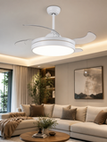 Modern LED ceiling fan light installed in elegant living room with warm ambient lighting