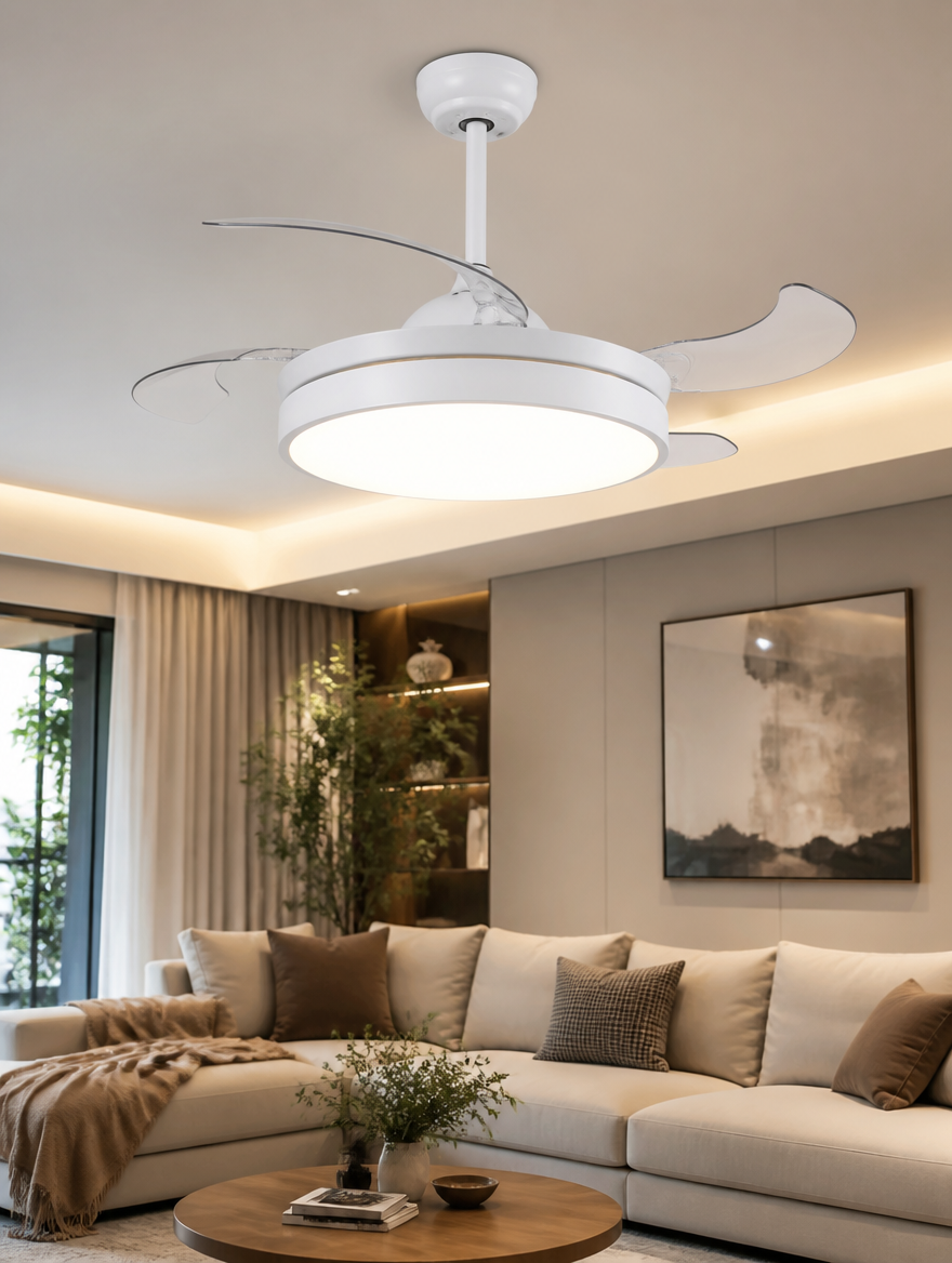 Modern LED ceiling fan light installed in elegant living room with warm ambient lighting