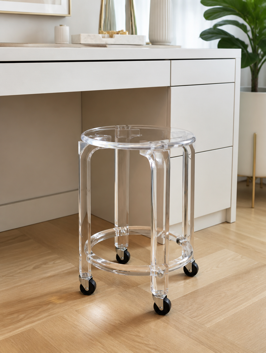 Transparent acrylic stool with wheels in modern home