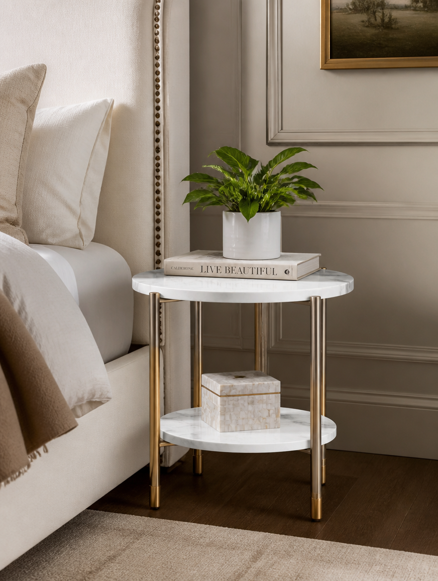White marble side table as nightstand in modern bedroom