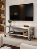 Stainless steel TV stand with wheels in modern living room