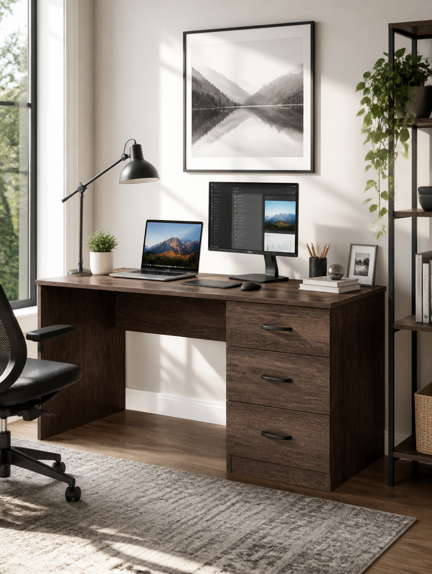 Computer desk with drawers in a modern home office setup