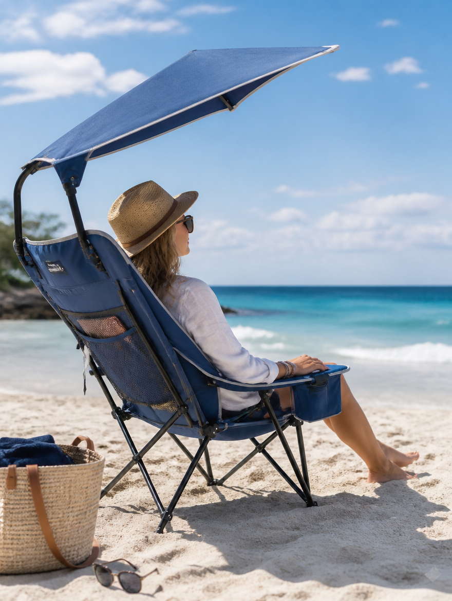 Outdoor umbrella folding chair set up at a lakeside campsite