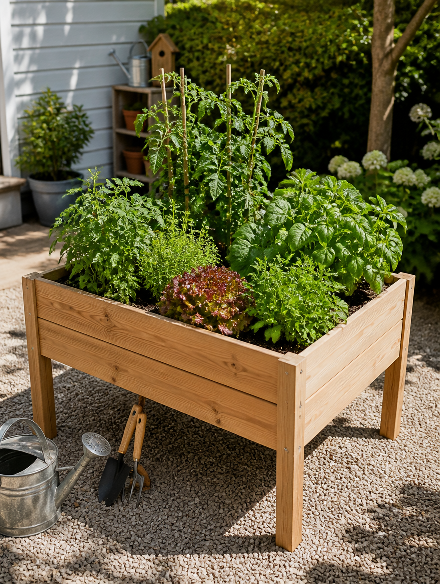 Wooden raised flower bed with herbs growing on a sunny patio