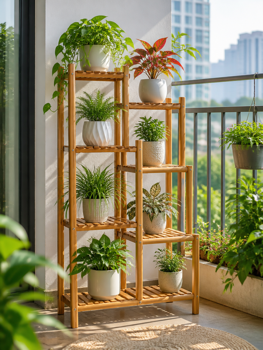 Bamboo plant stand with potted plants on a bright balcony