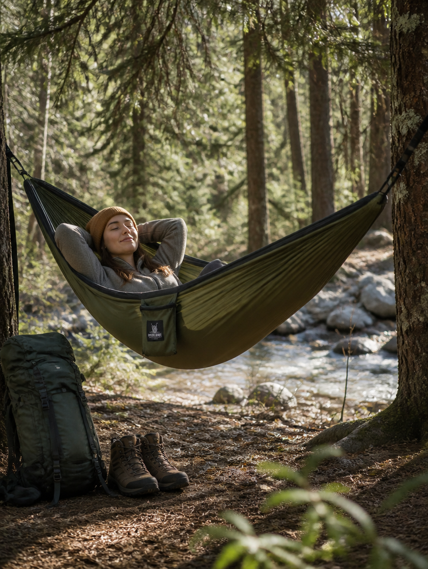 Nylon camping hammock hung between trees in a forest campsite