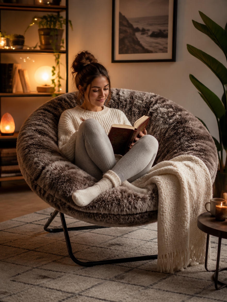 Cozy faux fur saucer chair in a stylish living room corner