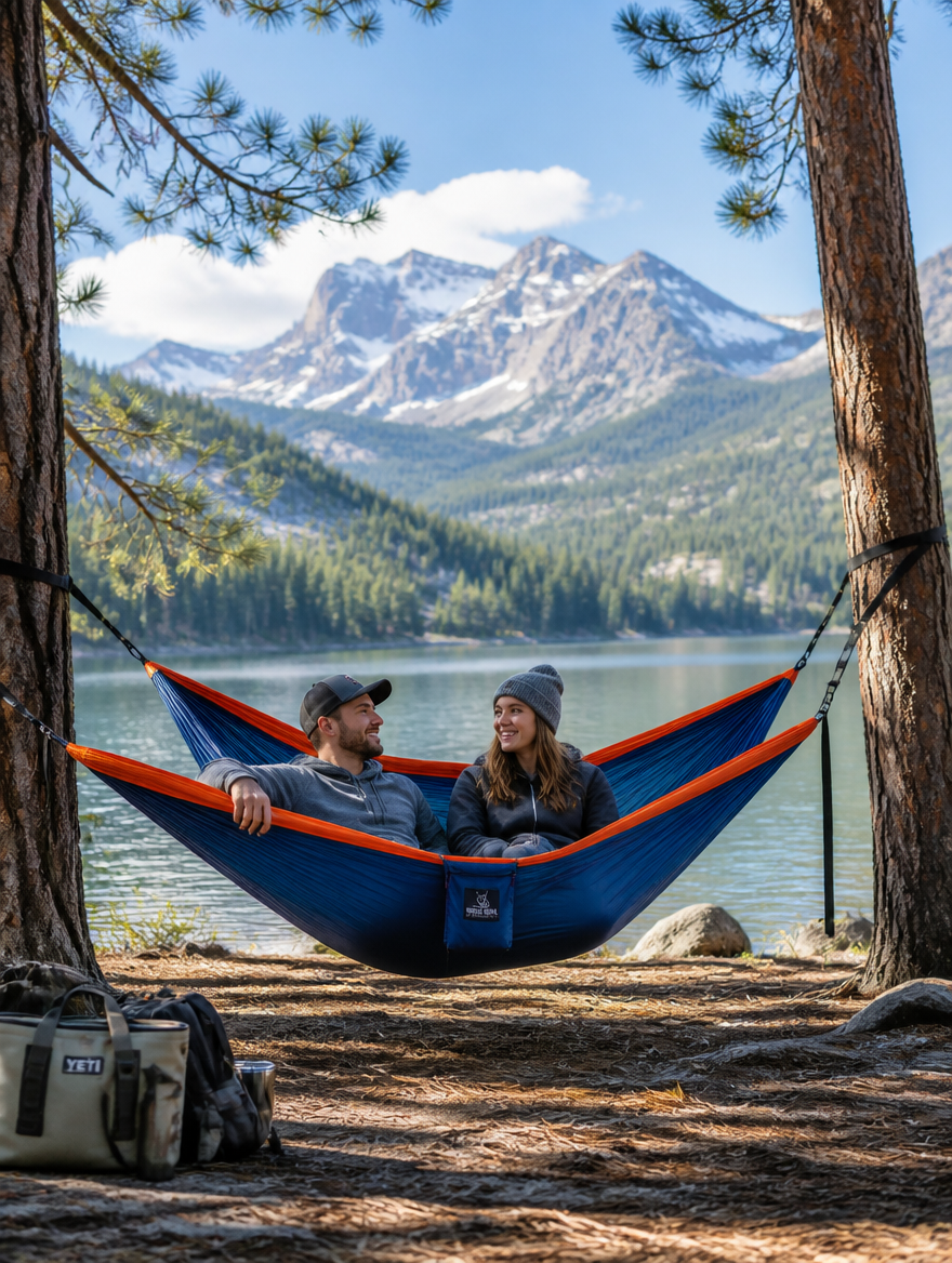 Double hammock set up between trees in a sunny outdoor space