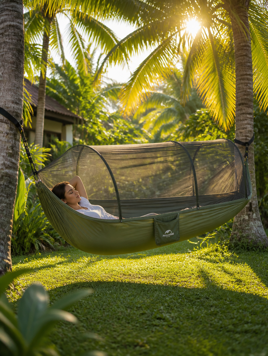 Outdoor hammock with mosquito net in a lush backyard setting