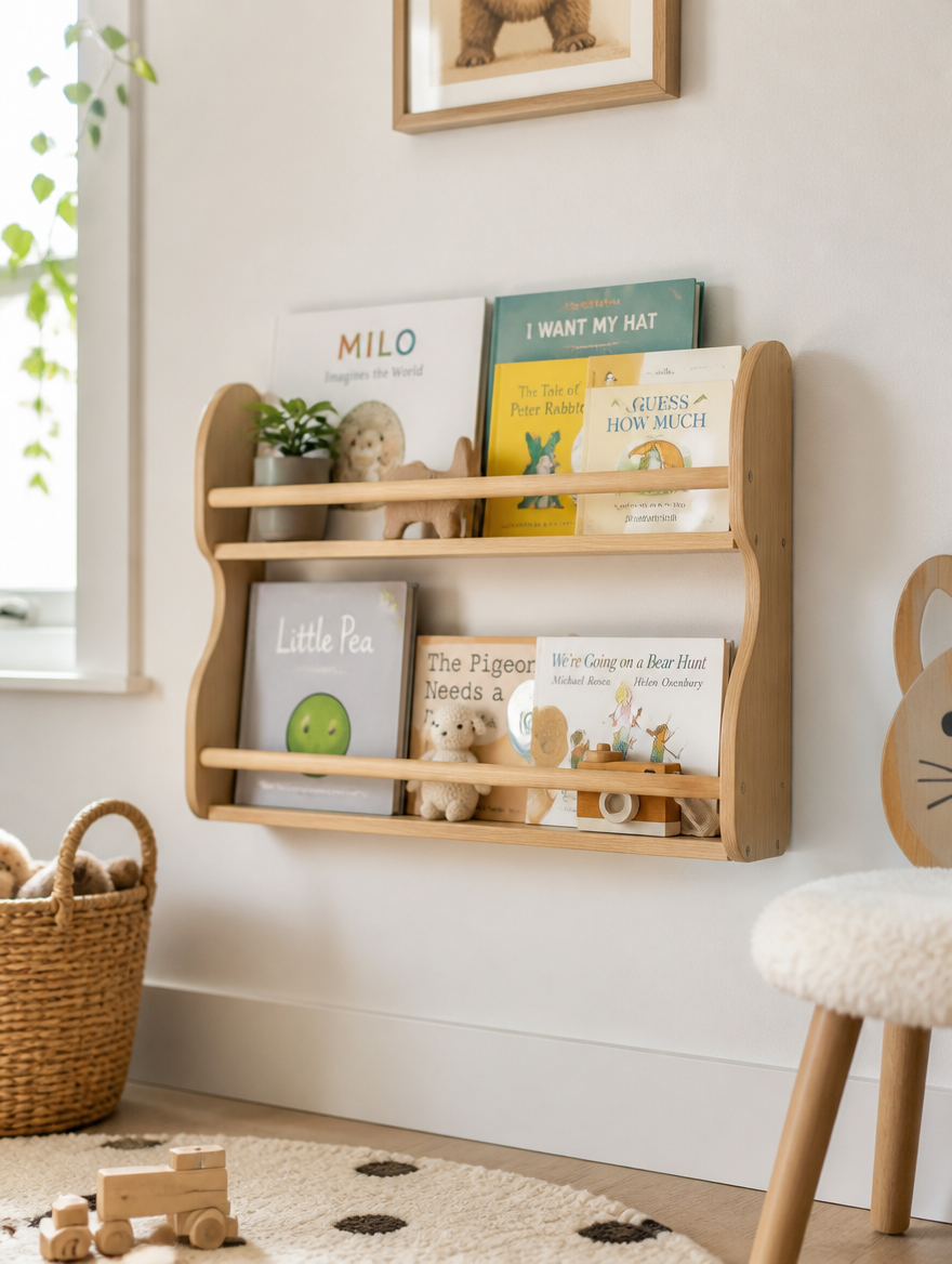 Floating Wall Mount Shelf with books and plants in nursery