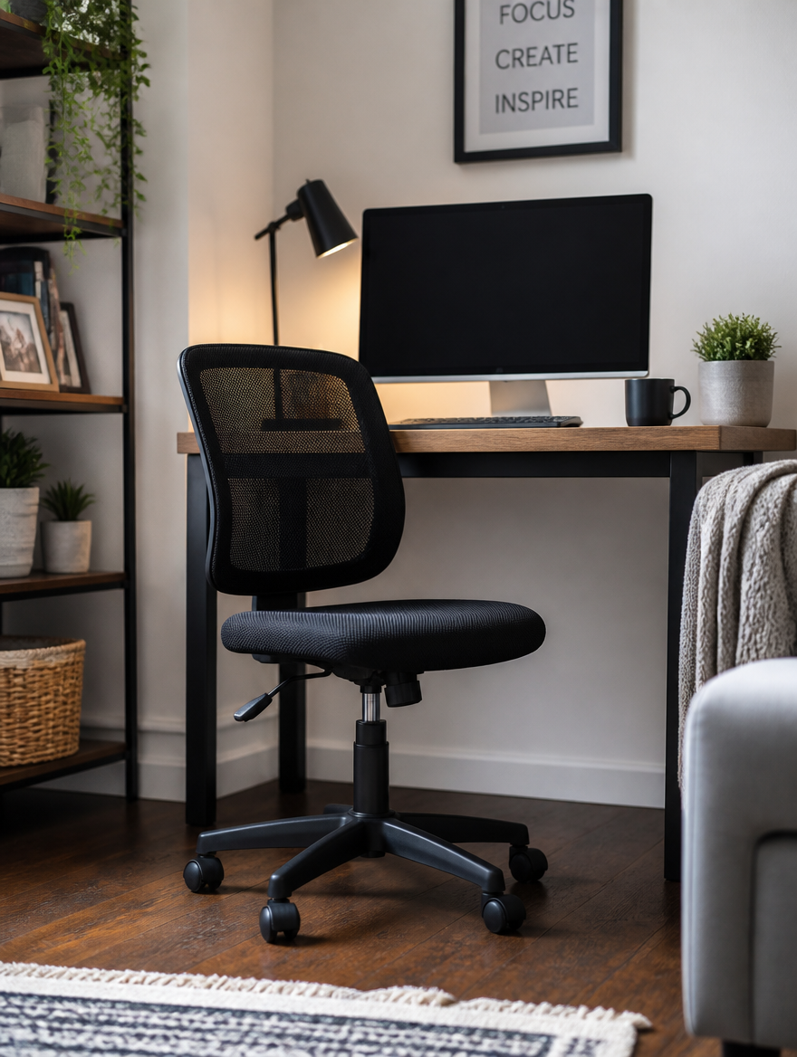 Rolling swivel chair in compact study room