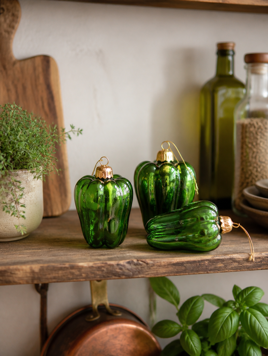 Green Pepper Glass Ornament Set