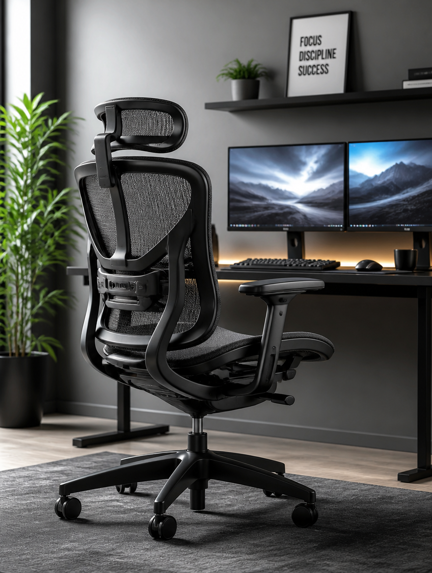 Reclining mesh gaming chair at gaming desk