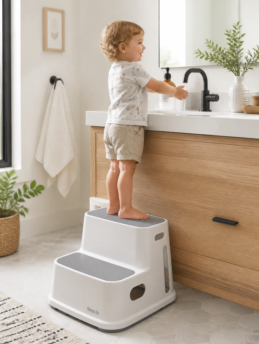 Kids safety step stool in modern bathroom
