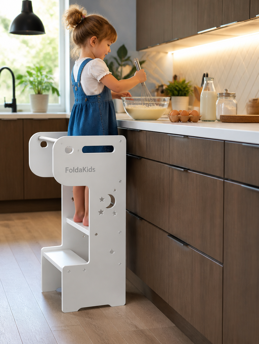 Child using step stool at kitchen counter