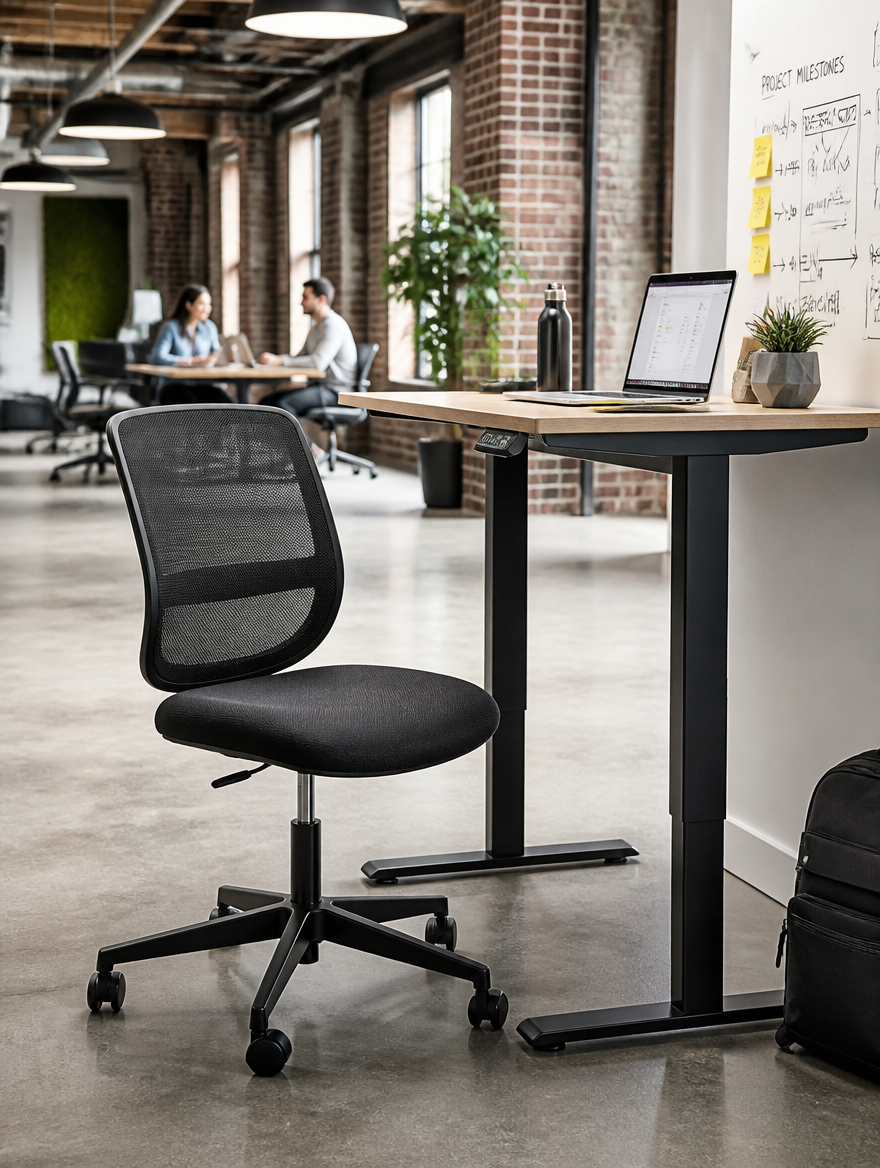 Mesh task chair at modern desk workspace