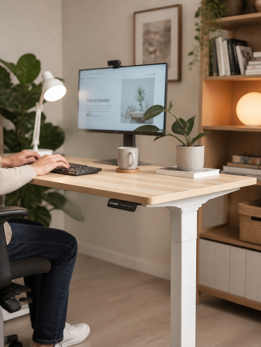 Height adjustable desk in cozy study room