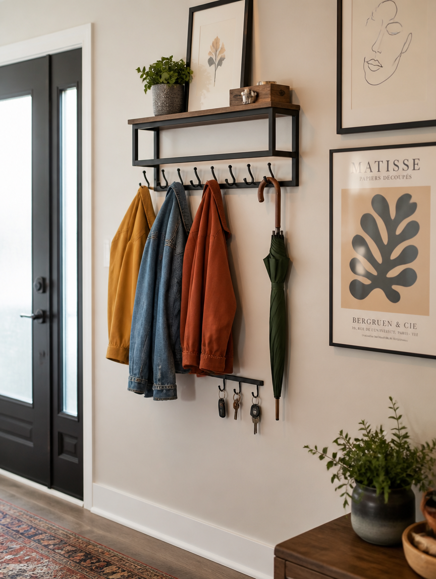 Wall coat rack in apartment hallway