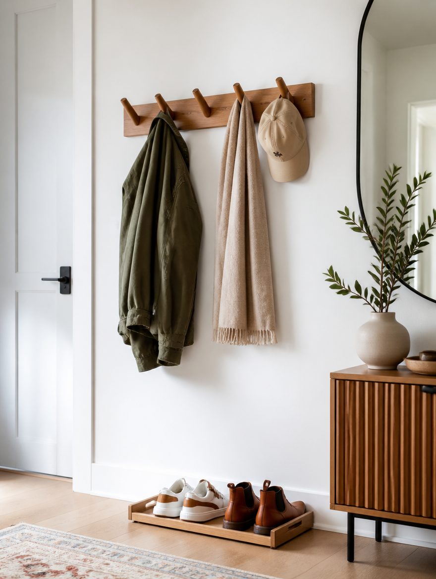 Wall mounted coat rack in modern entryway