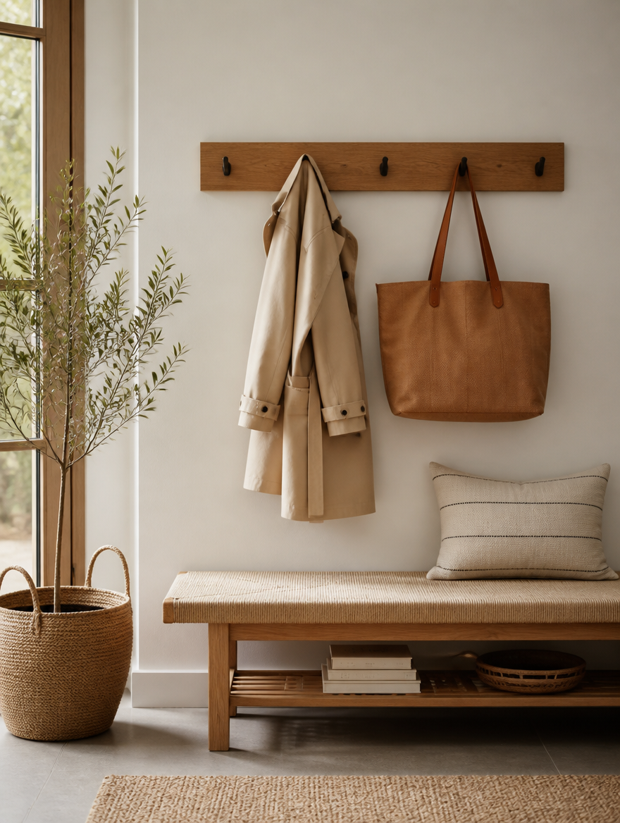 Minimalist coat rack in Scandinavian mudroom