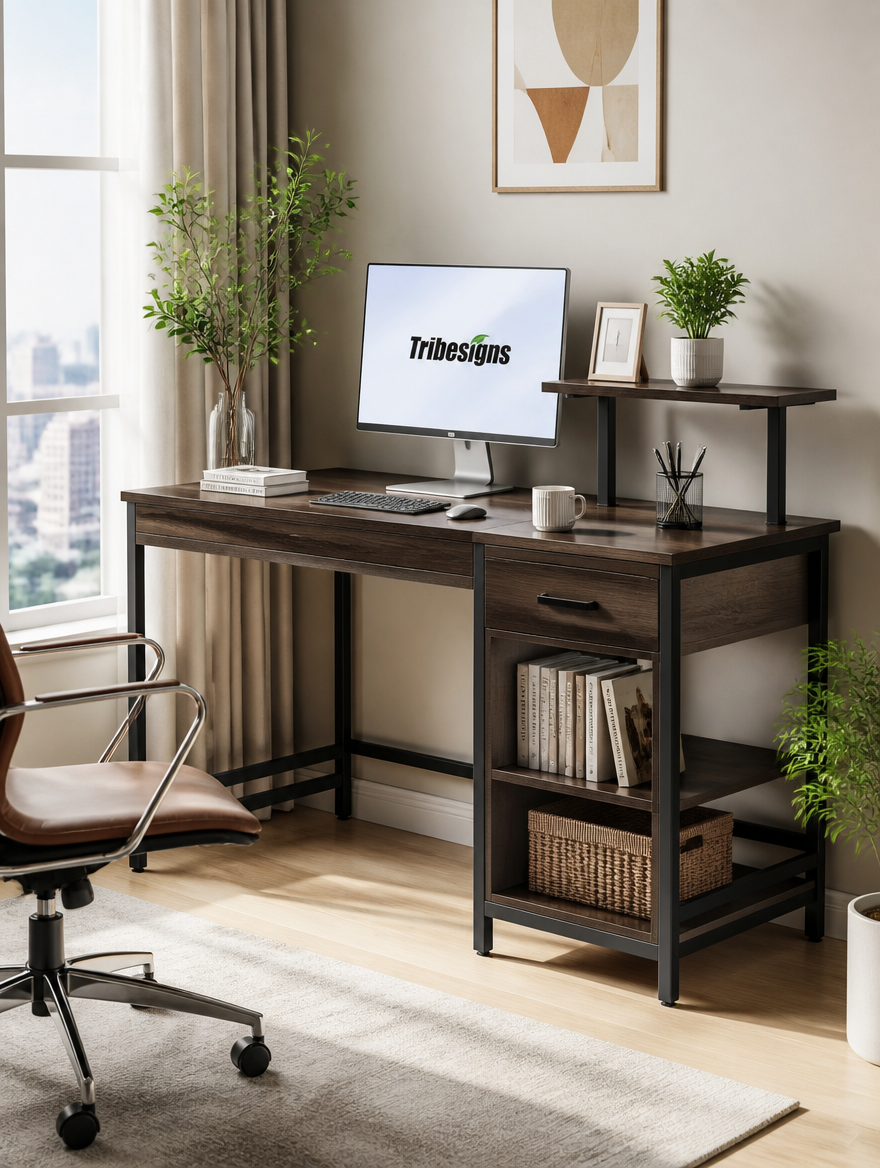 Large office desk in living room corner